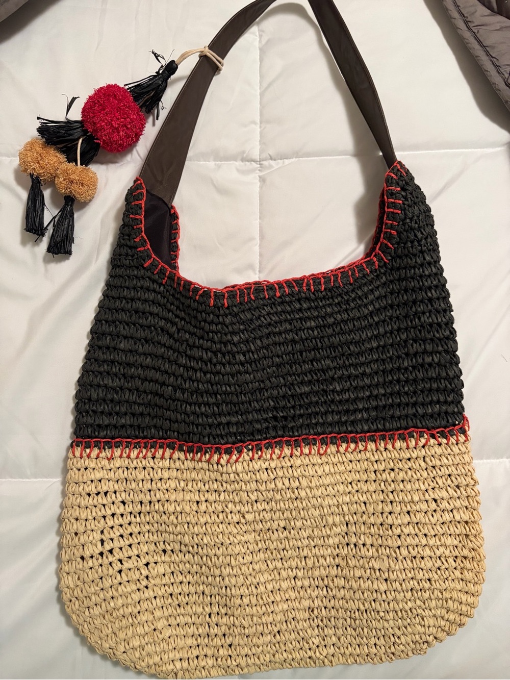 Handwoven Black and Natural Straw Shoulder Bag with Red Trim